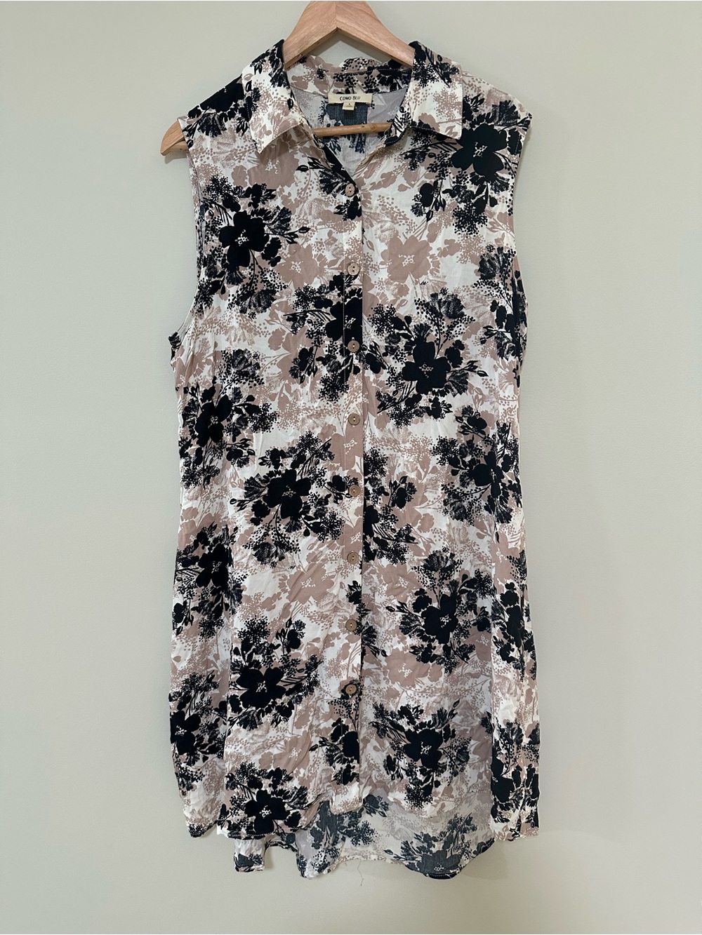 Sleeveless Floral Button-Front Tunic Dress in Black & Taupe